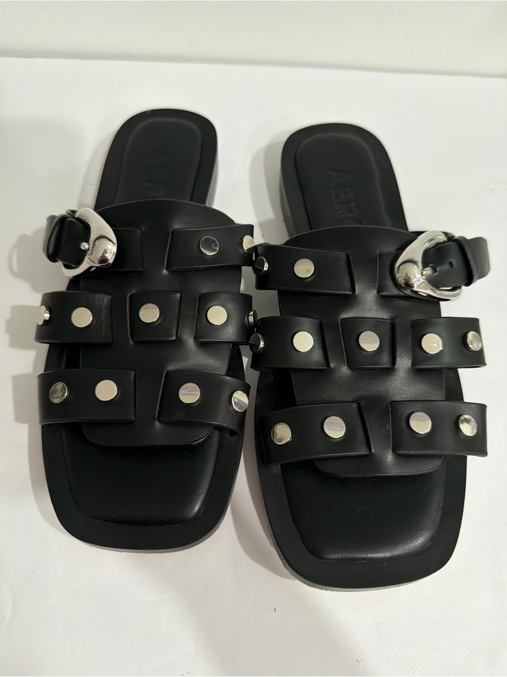 AEROSOLES Black Triple-Strap Stud Slide Sandals